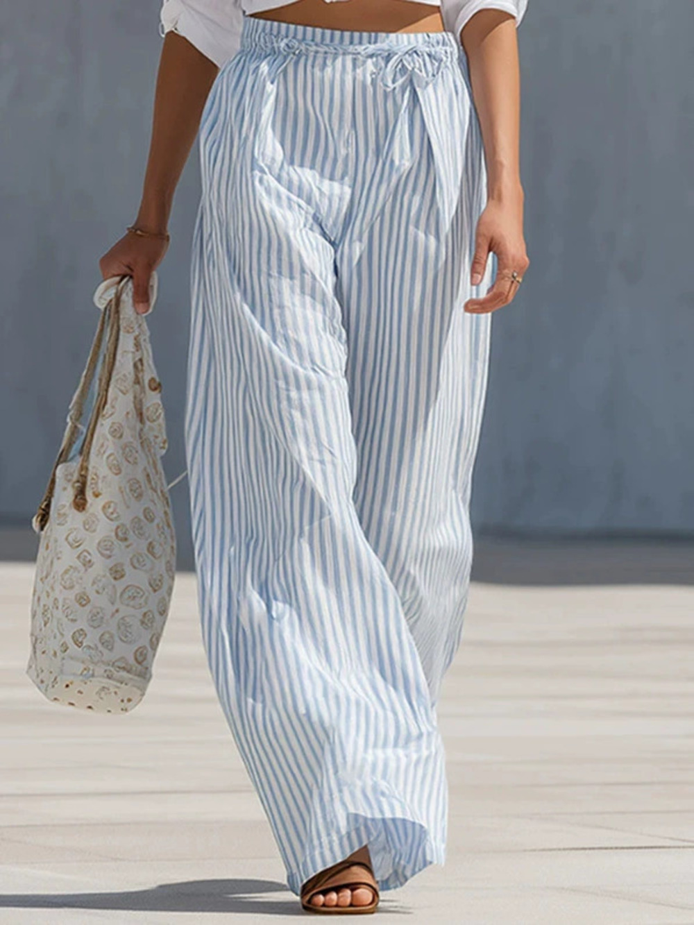 Elegant Versatile White Shirt and Blue Striped Wide Leg Pants Set